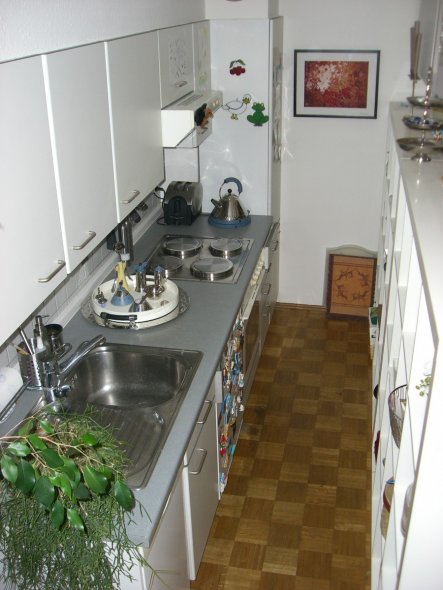 Eigentlich steht die Küchenzeile an einer Wohnzimmerwand - zwei große Regale hintereinander bilden die Trennwand zum Wohnzimmer. Die Wohnzi. regalseit