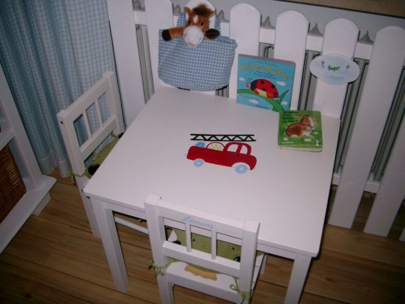 Den Tisch und die 2 Stühle aus unbehandeltem Holz von Ikea haben meine beiden Schwestern grundiert und bemalt. Simon bekam sie zum 1 Geburtstag.