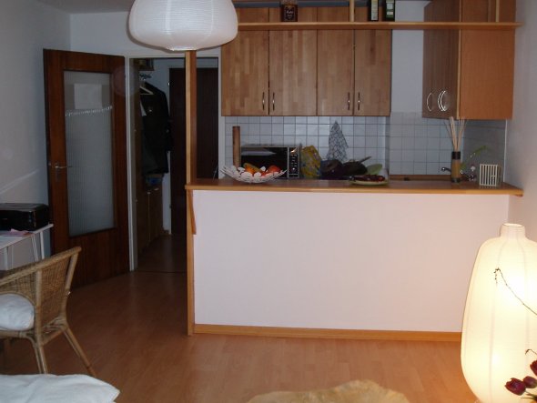 Blick vom Wohn-/ Schlafbereich in die offene Mini-Küche.