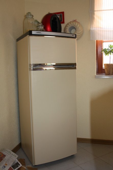 Der Kühlschrank in neuem Farbkleid passend zur Wandfarbe.