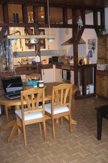 Küche ist durch ein offenes Fachwerk von Wohn/Esszimmer getrennt
