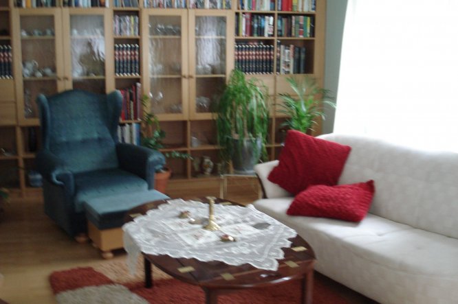 Unser Wohnzimmer ist mit einer  Bücherwand und mit einem großen  Kacheloffen ausgestattet. Das Sofa und der Ohrensessel sind zum sitzen bez. liegen se