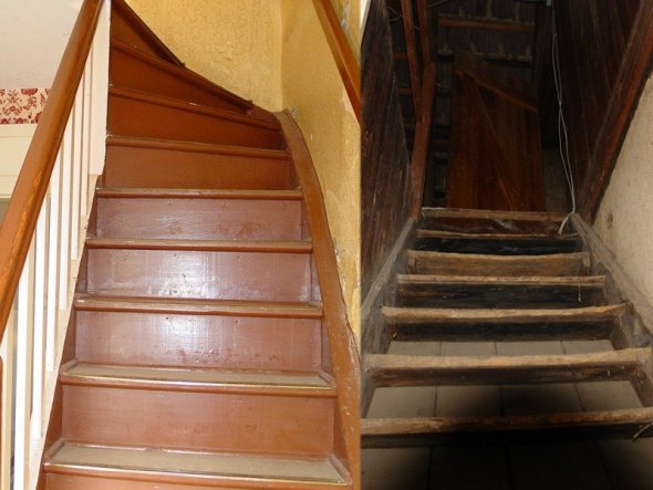 das ist unsere Treppe, wie wir sie bekommen haben, rechts die Bodentreppe.
schön lakiert mit 6 Schichten Lackfarbe, und Linoleum. an den Wänden