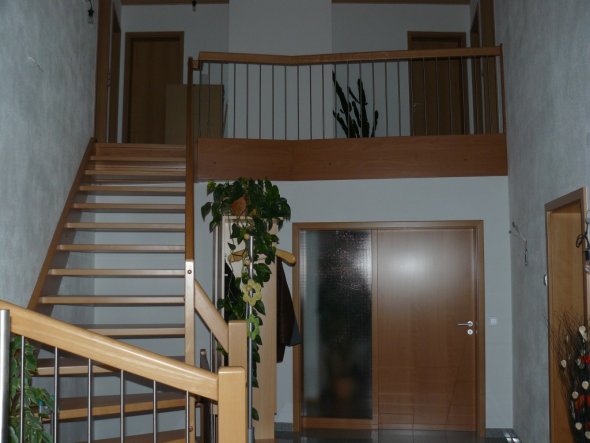 Buche-Treppe mit senkrechten Edelstahl-Streben.