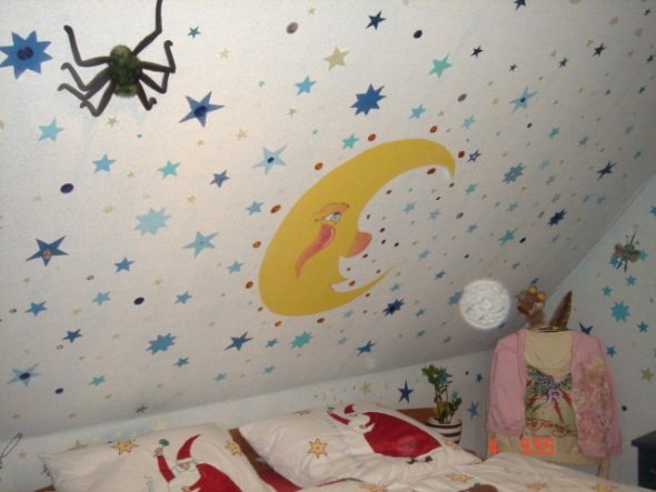 ...die Sterne und den Mond hab ich alle unter die Decke gemalt....es hängen ungefähr 300 Leuchtsterne an den Wänden und an der Decke, sieht nachts tra