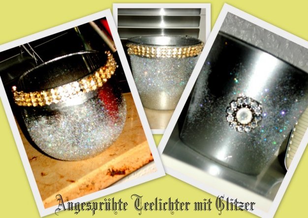 Habe die Glasgefäße angesprüht und mit Glitzer bestäubt:-)))und ein paar Steinchen drauf.:-)))