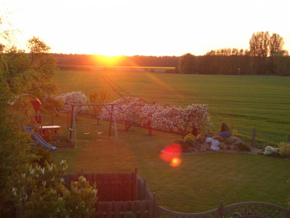 Ausblick in unseren Garten von der Terasse. Das Foto ist schon etwas älter denn vor der Rutsche befindet sich nun eine große Sandkiste. Das angrenzend