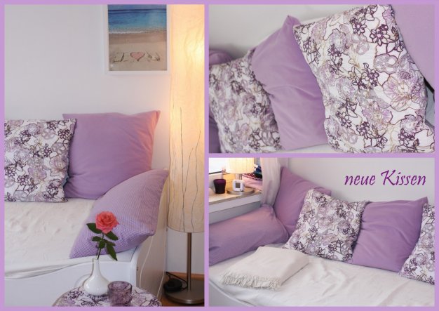 meine Freundin mit dem tollen Stoff/Nähladen (www.papillon-kinderdesign.de)
hat Caitlin noch zwei florale Bezüge und ein passendes Deckchen gen