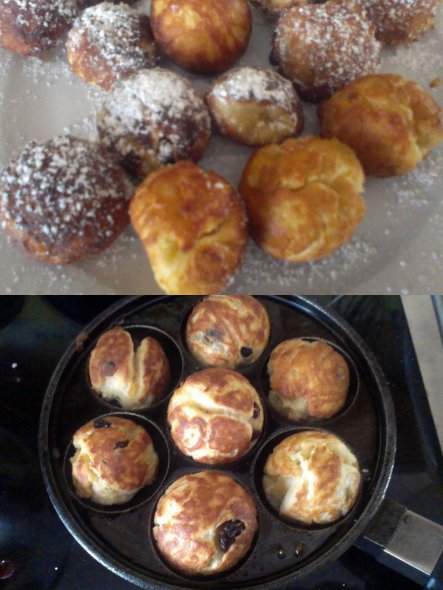 aus Dänemark haben wir uns mal eine sogenannte "Pförtchen-Pfanne" mitgebracht... Aebleskiver werden darin gemacht...
hier habe ich ma