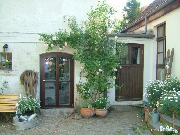 Links sind unsere Ausstellungsräume im ehemaligen alten Schweinestall untergbracht - rechts geht es ins Haus / Milchküche.