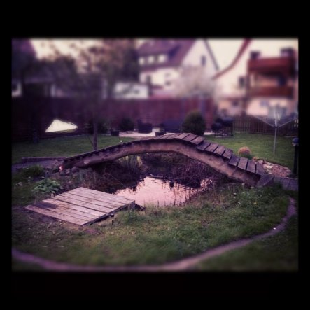 Unser Gartenteich mit einer Brücke, sowie einem kleinem Steg zum "Füße-baumlen-lassen"