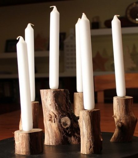 Kerzenhalter aus runder Platte und Nussholz- Stücke